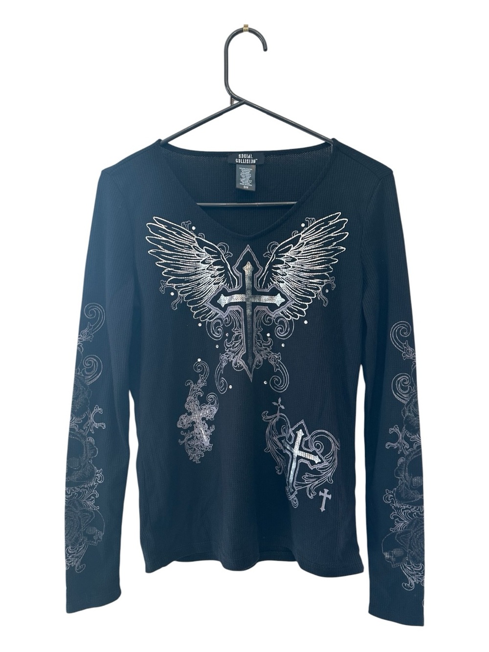 Social Collision Y2K Silver Winged Cross Long Sleeve Tee - Black Size Small